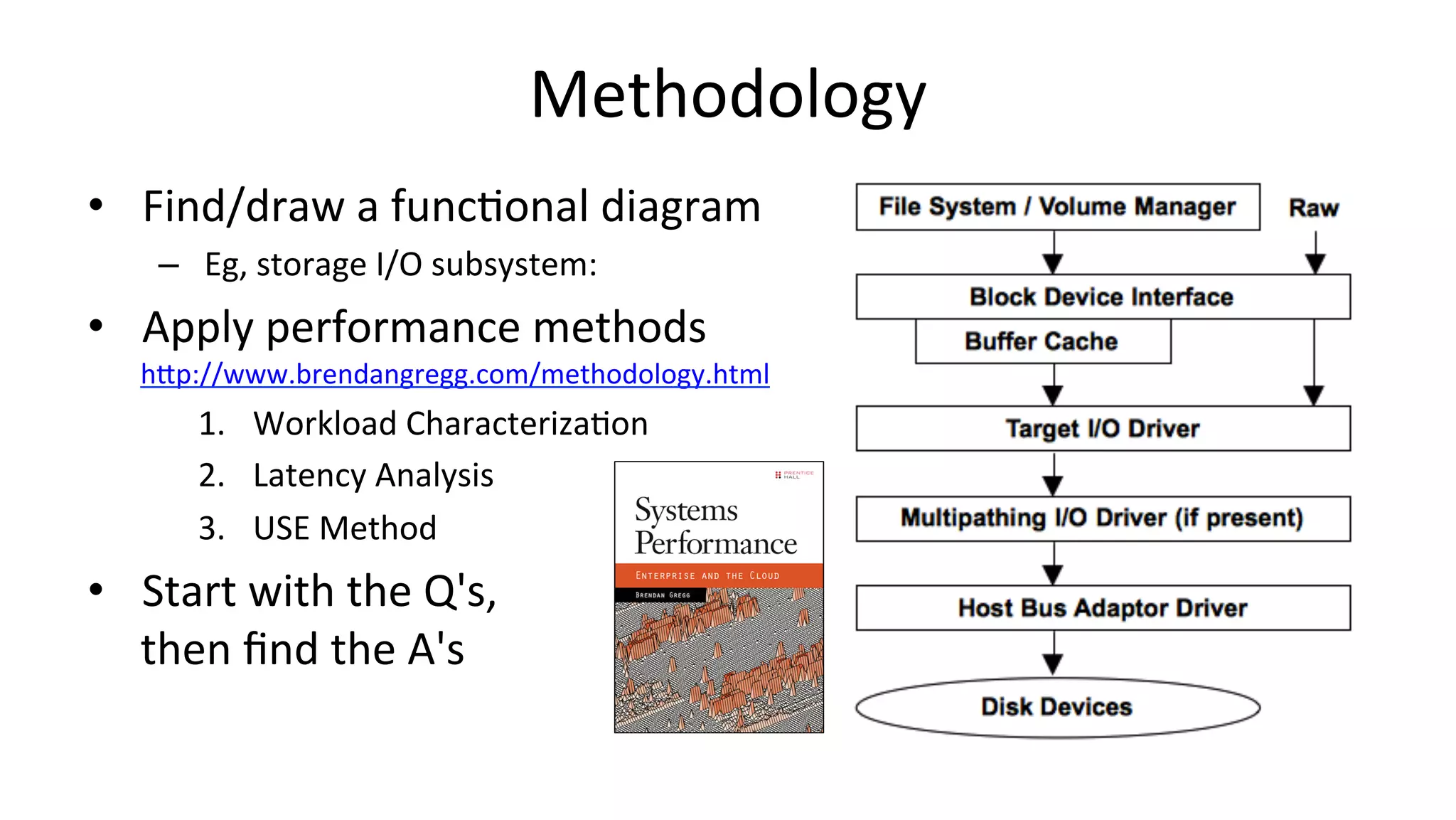 Methodology	
•  Find/draw	a	func>onal	diagram	
–  Eg,	storage	I/O	subsystem:	
•  Apply	performance	methods	
hUp://www.brendangregg.com/methodology.html	
1.  Workload	Characteriza>on	
2.  Latency	Analysis	
3.  USE	Method	
•  Start	with	the	Q's,	
then	ﬁnd	the	A's	
 