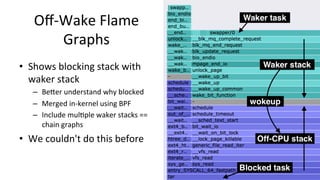 Oﬀ-Wake	Flame	
Graphs	
•  Shows	blocking	stack	with	
waker	stack	
–  BeUer	understand	why	blocked	
–  Merged	in-kernel	using	BPF	
–  Include	mul>ple	waker	stacks	==	
chain	graphs	
•  We	couldn't	do	this	before	
 