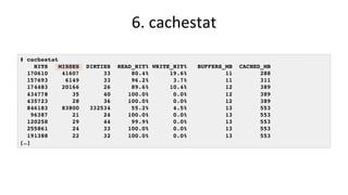 6.	cachestat	
# cachestat
HITS MISSES DIRTIES READ_HIT% WRITE_HIT% BUFFERS_MB CACHED_MB
170610 41607 33 80.4% 19.6% 11 288...