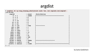 argdist	
# argdist -H 'p::tcp_cleanup_rbuf(struct sock *sk, int copied):int:copied'
[15:34:45]
copied : count distribution...