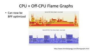 CPU	+	Oﬀ-CPU	Flame	Graphs	
hUp://www.brendangregg.com/ﬂamegraphs.html	
•  Can	now	be	
BPF	op>mized	
 