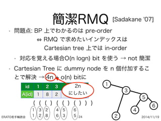ERATO若手輪読会 2014/11/19
簡潔RMQ
• 問題点: BP 上でわかるのは pre-order 
RMQ で求めたいインデックスは 
Cartesian tree 上では in-order
• 対応を覚える場合O(n logn) bit を使う → not 簡潔
• Cartesian Tree に dummy node を n 個付加するこ
とで解決 → 4n + o(n) bitに
24
[Sadakane '07]
id 1 2 3 4 5 6
A[id] 1 8 2 6 3 5
1
3
2
5
4
6
( ( ( ) ( ( ) ( ) ) )
1
1
3
2
2
8
4
6
5
3
6
5
2n
にしたい
 