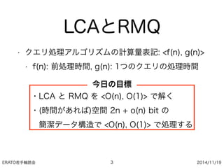 ERATO若手輪読会 2014/11/19
LCAとRMQ
• クエリ処理アルゴリズムの計算量表記: <f(n), g(n)>
• f(n): 前処理時間, g(n): 1つのクエリの処理時間
3
・LCA と RMQ を <O(n), O(1)> で解く
・(時間があれば)空間 2n + o(n) bit の
 簡潔データ構造で <O(n), O(1)> で処理する
今日の目標
 