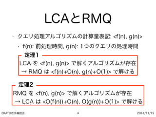 ERATO若手輪読会 2014/11/19
LCAとRMQ
• クエリ処理アルゴリズムの計算量表記: <f(n), g(n)>
• f(n): 前処理時間, g(n): 1つのクエリの処理時間
4
LCA を <f(n), g(n)> で解くアルゴリズムが存在 
→ RMQ は <f(n)+O(n), g(n)+O(1)> で解ける
RMQ を <f(n), g(n)> で解くアルゴリズムが存在 
→ LCA は <O(f(n))+O(n), O(g(n))+O(1)> で解ける
定理1
定理2
 