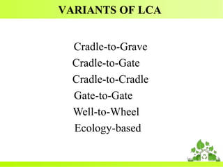 VARIANTS OF LCA
Cradle-to-Grave
Cradle-to-Gate
Cradle-to-Cradle
Gate-to-Gate
Well-to-Wheel
Ecology-based
 