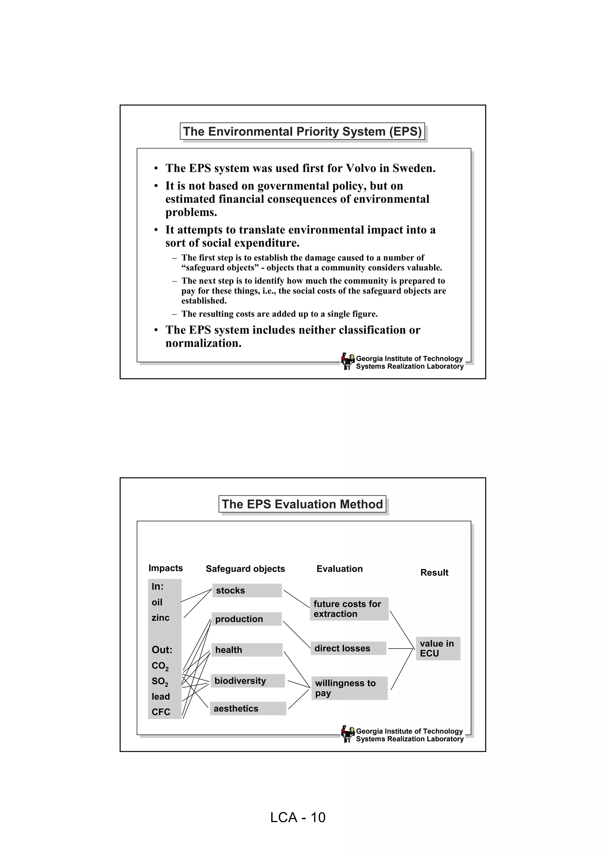The Environmental Priority System (EPS)
         The Environmental Priority System (EPS)

 • The EPS system was used first for Volvo in Sweden.
 • It is not based on governmental policy, but on
   estimated financial consequences of environmental
   problems.
 • It attempts to translate environmental impact into a
   sort of social expenditure.
       – The first step is to establish the damage caused to a number of
         “safeguard objects” - objects that a community considers valuable.
       – The next step is to identify how much the community is prepared to
         pay for these things, i.e., the social costs of the safeguard objects are
         established.
       – The resulting costs are added up to a single figure.
 • The EPS system includes neither classification or
   normalization.
                                                         Georgia Institute of Technology
                                                         Systems Realization Laboratory




                    The EPS Evaluation Method
                    The EPS Evaluation Method



Impacts         Safeguard objects             Evaluation                   Result
In:                stocks
oil                                          future costs for
zinc                                         extraction
                  production

                                                                           value in
Out:              health                     direct losses
                                                                           ECU
CO2
SO2               biodiversity                willingness to
lead                                          pay

CFC               aesthetics

                                                         Georgia Institute of Technology
                                                         Systems Realization Laboratory




                                 LCA - 10
 