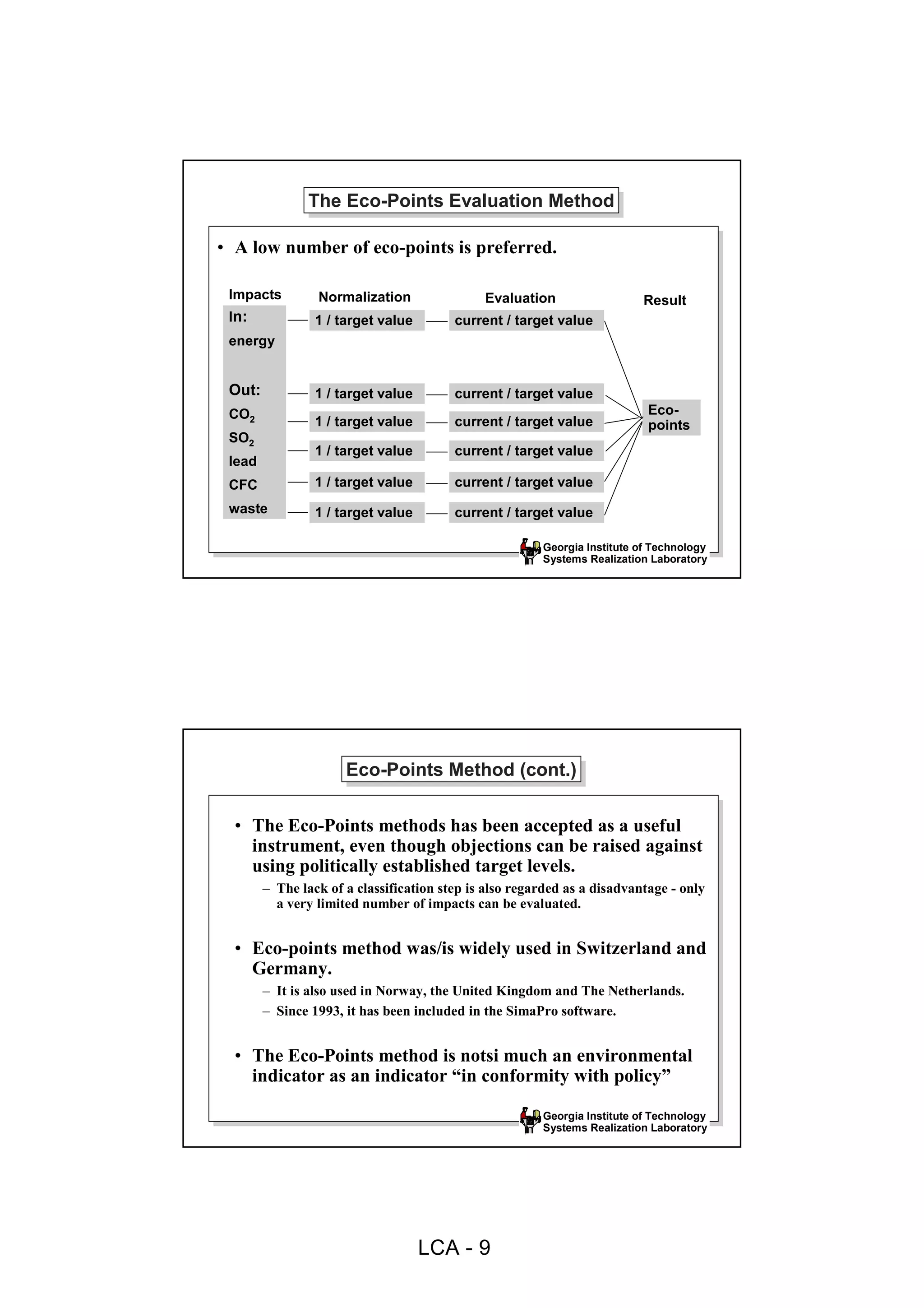 The Eco-Points Evaluation Method
               The Eco-Points Evaluation Method

• A low number of eco-points is preferred.

 Impacts         Normalization                Evaluation                  Result
 In:             1 / target value        current / target value
 energy


 Out:            1 / target value        current / target value
 CO2                                                                       Eco-
                 1 / target value        current / target value            points
 SO2
                 1 / target value        current / target value
 lead
 CFC             1 / target value        current / target value
 waste           1 / target value        current / target value

                                                        Georgia Institute of Technology
                                                        Systems Realization Laboratory




                      Eco-Points Method (cont.)
                      Eco-Points Method (cont.)

  • The Eco-Points methods has been accepted as a useful
    instrument, even though objections can be raised against
    using politically established target levels.
        – The lack of a classification step is also regarded as a disadvantage - only
          a very limited number of impacts can be evaluated.


  • Eco-points method was/is widely used in Switzerland and
    Germany.
        – It is also used in Norway, the United Kingdom and The Netherlands.
        – Since 1993, it has been included in the SimaPro software.


  • The Eco-Points method is notsi much an environmental
    indicator as an indicator “in conformity with policy”

                                                        Georgia Institute of Technology
                                                        Systems Realization Laboratory




                                    LCA - 9
 