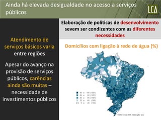 Ainda há elevada desigualdade no acesso a serviços
 públicos
                         Elaboração de políticas de desenvolvimento
                           sevem ser condizentes com as diferentes
                                        necessidades
  Atendimento de
serviços básicos varia    Domicílios com ligação à rede de água (%)
    entre regiões
 Apesar do avanço na
  provisão de serviços
   públicos, carências
   ainda são muitas –
     necessidade de
investimentos públicos

                                                 Fonte: Censo 2010. Elaboração: LCA.
 