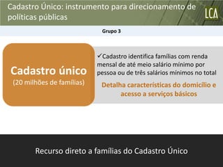 Cadastro Único: instrumento para direcionamento de
políticas públicas
                             Grupo 3



                            Cadastro identifica famílias com renda
                            mensal de até meio salário mínimo por
Cadastro único              pessoa ou de três salários mínimos no total
 (20 milhões de famílias)    Detalha características do domicílio e
                                   acesso a serviços básicos




        Recurso direto a famílias do Cadastro Único
 