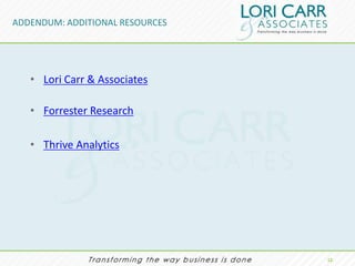 ADDENDUM: ADDITIONAL RESOURCES




   • Lori Carr & Associates

   • Forrester Research

   • Thrive Analytics




                                 12.
 