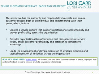 SENIOR CUSTOMER EXPERIENCE LEADER AND STRATEGIST



     This executive has the authority and responsibility to create and ensure
     customer success both as an individual and in partnership with their
     peers, which, in turn:

     • Creates a service culture that supports performance accountability and
       proven profitability across the organization

     • Provides organizational transformation that disrupts chronic service
       issues, drives customer profitability and establishes competitive
       advantage

     • Leads the development and implementation of strategic direction and
       tactical execution of initiatives across the organization

 HOW IT’S BEING USED: In this video, Jeb Dasteel, SVP and Chief Customer Officer at Oracle, highlights how
 customer feedback is used to enhance products, services and relationships.




                                                                                                     3.
 