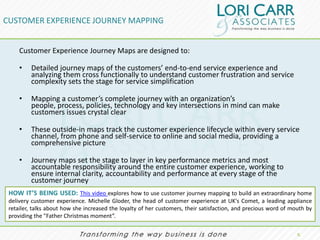 CUSTOMER EXPERIENCE JOURNEY MAPPING


     Customer Experience Journey Maps are designed to:

     •   Detailed journey maps of the customers’ end-to-end service experience and
         analyzing them cross functionally to understand customer frustration and service
         complexity sets the stage for service simplification

     •   Mapping a customer’s complete journey with an organization’s
         people, process, policies, technology and key intersections in mind can make
         customers issues crystal clear

     •   These outside-in maps track the customer experience lifecycle within every service
         channel, from phone and self-service to online and social media, providing a
         comprehensive picture

     •   Journey maps set the stage to layer in key performance metrics and most
         accountable responsibility around the entire customer experience, working to
         ensure internal clarity, accountability and performance at every stage of the
         customer journey
 HOW IT’S BEING USED: This video explores how to use customer journey mapping to build an extraordinary home
 delivery customer experience. Michelle Gloder, the head of customer experience at UK's Comet, a leading appliance
 retailer, talks about how she increased the loyalty of her customers, their satisfaction, and precious word of mouth by
 providing the "Father Christmas moment”.

                                                                                                                  5.
 