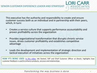 SENIOR CUSTOMER EXPERIENCE LEADER AND STRATEGIST



     This executive has the authority and responsibility to create and ensure
     customer success both as an individual and in partnership with their peers,
     which, in turn:

     • Creates a service culture that supports performance accountability and
       proven profitability across the organization

     • Provides organizational transformation that disrupts chronic service
       issues, drives customer profitability and establishes competitive
       advantage

     • Leads the development and implementation of strategic direction and
       tactical execution of initiatives across the organization

 HOW IT’S BEING USED: In this video, Jeb Dasteel, SVP and Chief Customer Officer at Oracle, highlights how
 customer feedback is used to enhance products, services and relationships.




                                                                                                     3.
 