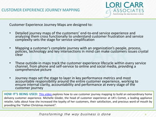 CUSTOMER EXPERIENCE JOURNEY MAPPING


     Customer Experience Journey Maps are designed to:

     •   Detailed journey maps of the customers’ end-to-end service experience and
         analyzing them cross functionally to understand customer frustration and service
         complexity sets the stage for service simplification

     •   Mapping a customer’s complete journey with an organization’s people, process,
         policies, technology and key intersections in mind can make customers issues crystal
         clear

     •   These outside-in maps track the customer experience lifecycle within every service
         channel, from phone and self-service to online and social media, providing a
         comprehensive picture

     •   Journey maps set the stage to layer in key performance metrics and most
         accountable responsibility around the entire customer experience, working to
         ensure internal clarity, accountability and performance at every stage of the
         customer journey
 HOW IT’S BEING USED: This video explores how to use customer journey mapping to build an extraordinary home
 delivery customer experience. Michelle Gloder, the head of customer experience at UK's Comet, a leading appliance
 retailer, talks about how she increased the loyalty of her customers, their satisfaction, and precious word of mouth by
 providing the "Father Christmas moment”.

                                                                                                                  5.
 