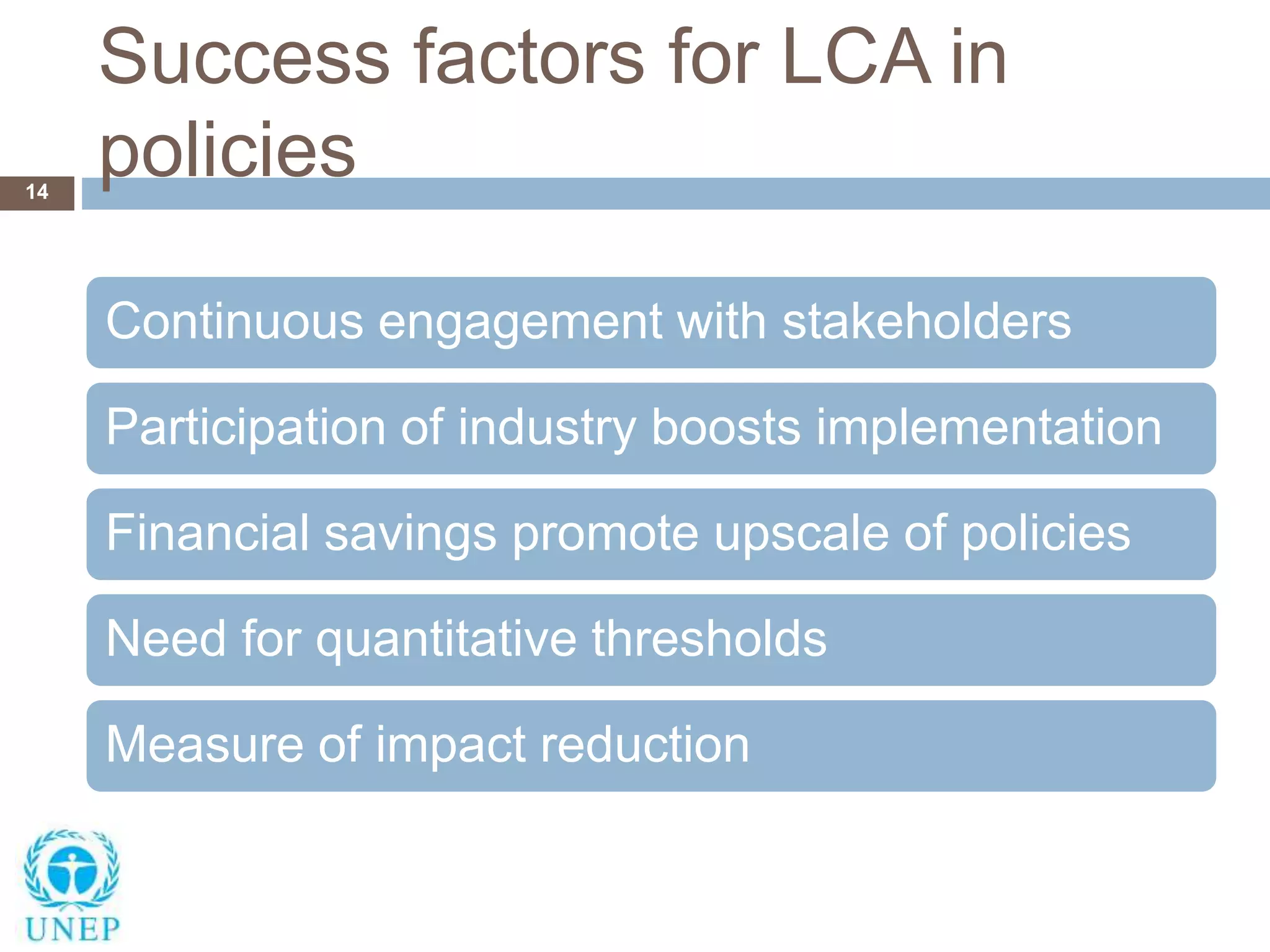 Success factors for LCA in
policies14
Continuous engagement with stakeholders
Participation of industry boosts implementation
Financial savings promote upscale of policies
Need for quantitative thresholds
Measure of impact reduction
 
