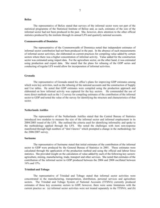 7 
Belize 
The representative of Belize stated that surveys of the informal sector were not part of the 
statistical programme of the Statistical Institute of Belize and, as such, estimates of the size of the 
informal sector had not been produced in the past. She, however, drew attention to the other official 
statistics produced by the institute through its annual LFS and quarterly national accounts. 
Commonwealth of Dominica 
The representative of the Commonwealth of Dominica noted that independent estimates of 
informal sector contribution had not been produced in the past. In the absence of such measurements 
of informal sector activities, she elaborated on current practices for compiling value added by certain 
sectors where there was a higher concentration of informal activity. Value added for the construction 
sector was estimated using import data. For the agriculture sector, on the other hand, it was estimated 
using production and export data. She stated that the plans for rebasing of the GDP series and 
conducting of regular LFS would allow for incorporation of informal activities. 
Grenada 
The representative of Grenada stated his office’s plans for improving GDP estimates among 
which were key activities, such as the rebasing of the national accounts and the construction of Supply 
and Use tables. He noted that GDP estimates were compiled using the production approach and 
elaborated on how informal activity was captured for the key sectors. He commended the use of 
more direct methods such as the 1-2 survey for compiling estimates of the contribution of the informal 
sector to GDP and noted the value of the survey for identifying the structure and characteristics of that 
sector. 
Netherlands Antilles 
The representative of the Netherlands Antilles stated that the Central Bureau of Statistics 
introduced two modules to measure the size of the informal sector and informal employment in its 
2004/2005 round of the LFS. She outlined the criteria used for identifying informality and spoke to 
the methodology applied through the LFS. She noted the challenges with item non-response 
manifested through high numbers of “don’t knows” which prompted a change in the methodology for 
the 2006/2007 survey. 
Suriname 
The representative of Suriname stated that initial estimates of the contribution of the informal 
sector to GDP were produced by the General Bureau of Statistics in 2001. These estimates were 
calculated through the application of the production method and using the official and labour force 
statistics. She provided insight on the calculation of value added by each of the following key sectors: 
agriculture, mining, manufacturing, trade, transport and other services. She noted that estimates of the 
contribution of the informal sector to GDP produced between the 2004 and 2008 oscillated between 
16% and 15%. 
Trinidad and Tobago 
The representative of Trinidad and Tobago stated that informal sector activities were 
concentrated in the manufacturing, transportation, distribution, personal services and agriculture 
sectors. The Trinidad and Tobago System of National Accounts (TTSNA) currently produced 
estimates of those key economic sectors to GDP, however, there were some limitations with the 
current practice as: (a) informal sector activities were not treated separately in the TTSNA; and (b) 
 