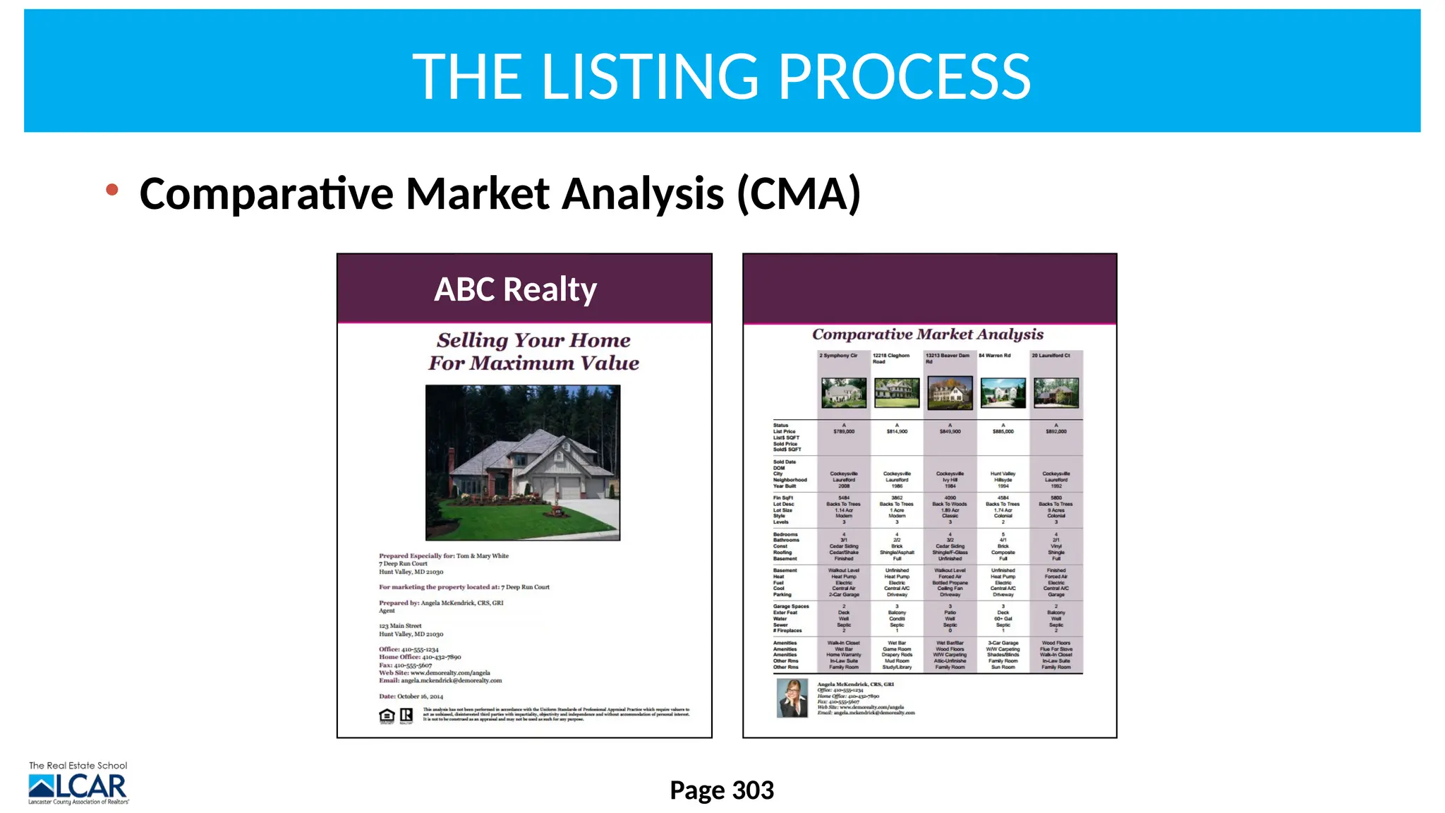 THE LISTING PROCESS
• Comparative Market Analysis (CMA)
Page 303
ABC Realty
 