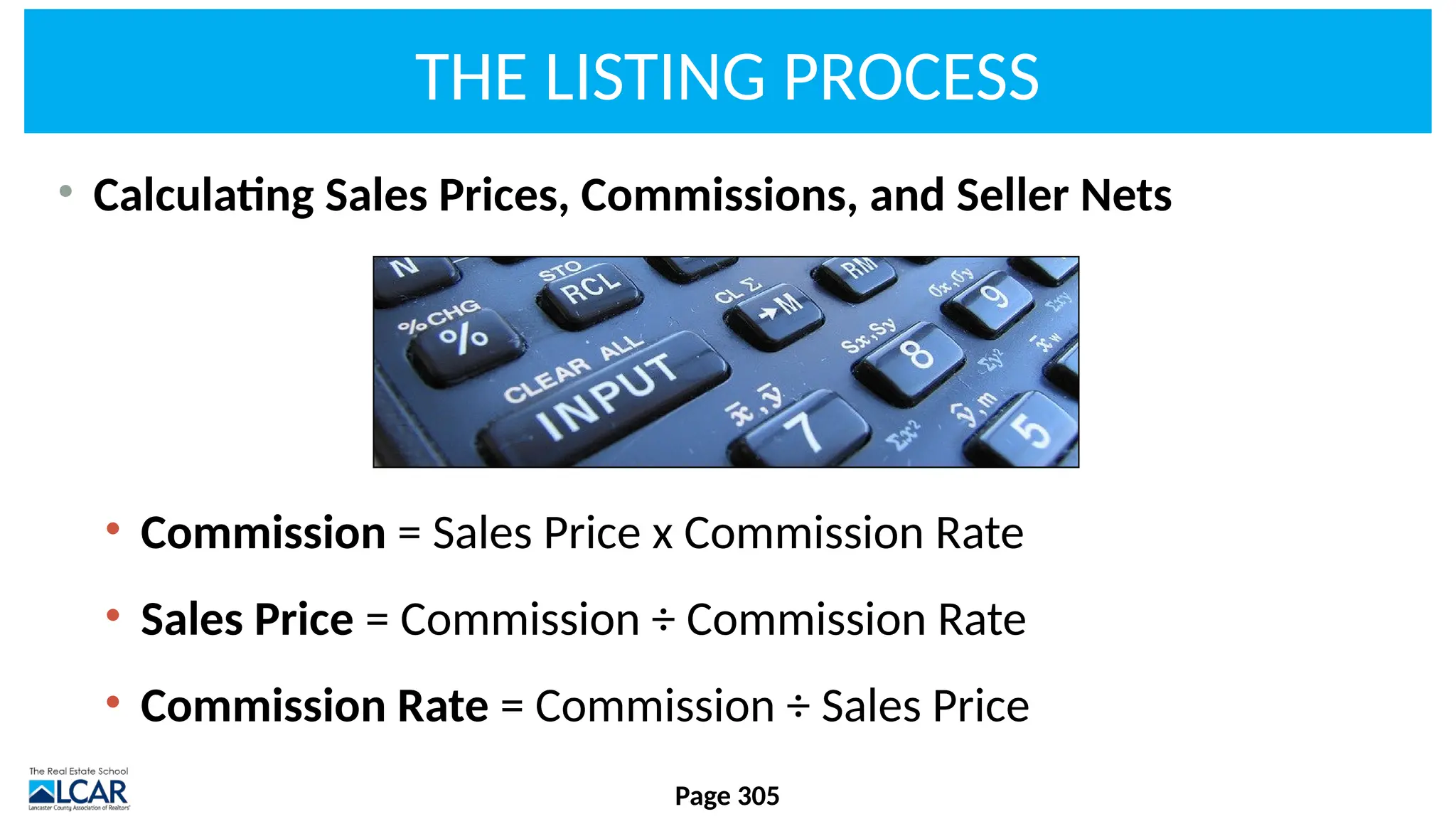 THE LISTING PROCESS
• Calculating Sales Prices, Commissions, and Seller Nets
• Commission = Sales Price x Commission Rate
• Sales Price = Commission ÷ Commission Rate
• Commission Rate = Commission ÷ Sales Price
Page 305
 