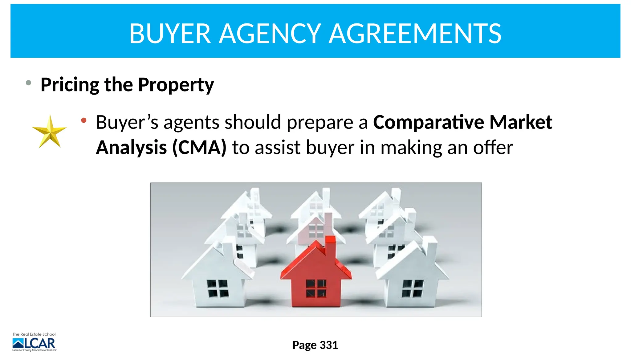 BUYER AGENCY AGREEMENTS
• Pricing the Property
• Buyer’s agents should prepare a Comparative Market
Analysis (CMA) to assist buyer in making an offer
Page 331
 