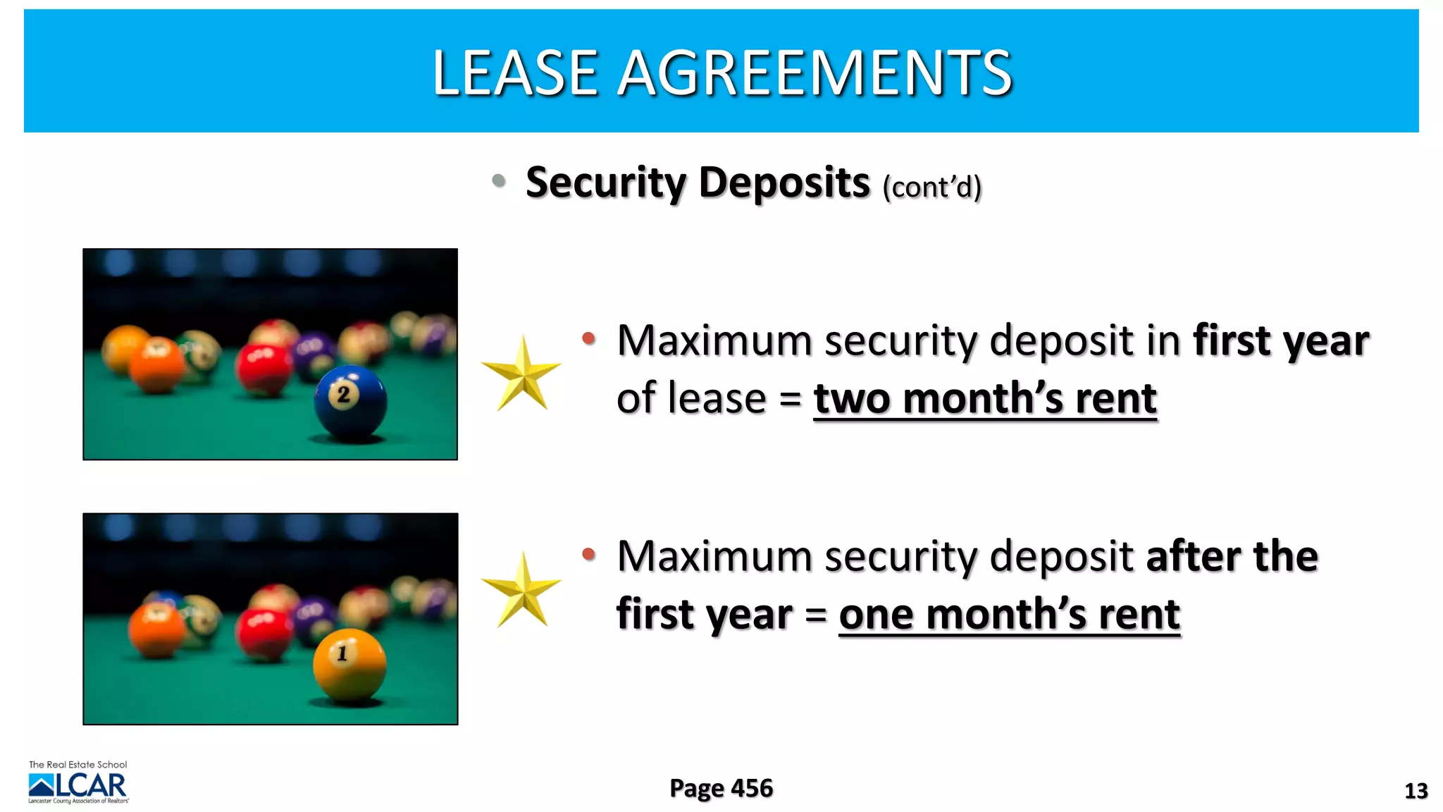 LEASE AGREEMENTS
• Security Deposits (cont’d)
• Maximum security deposit in first year
of lease = two month’s rent
• Maximum security deposit after the
first year = one month’s rent
13
Page 456
 