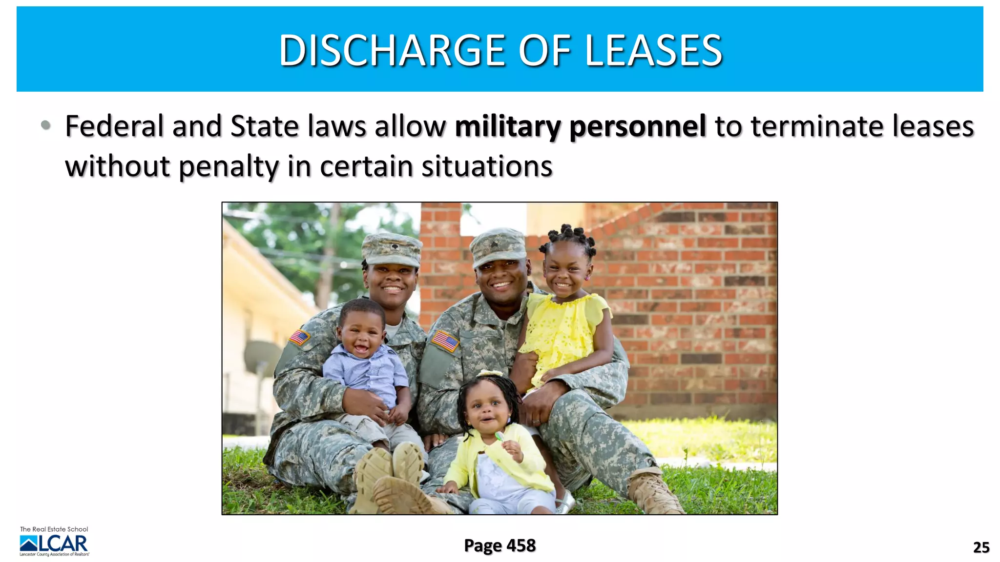 DISCHARGE OF LEASES
• Federal and State laws allow military personnel to terminate leases
without penalty in certain situations
25
Page 458
 
