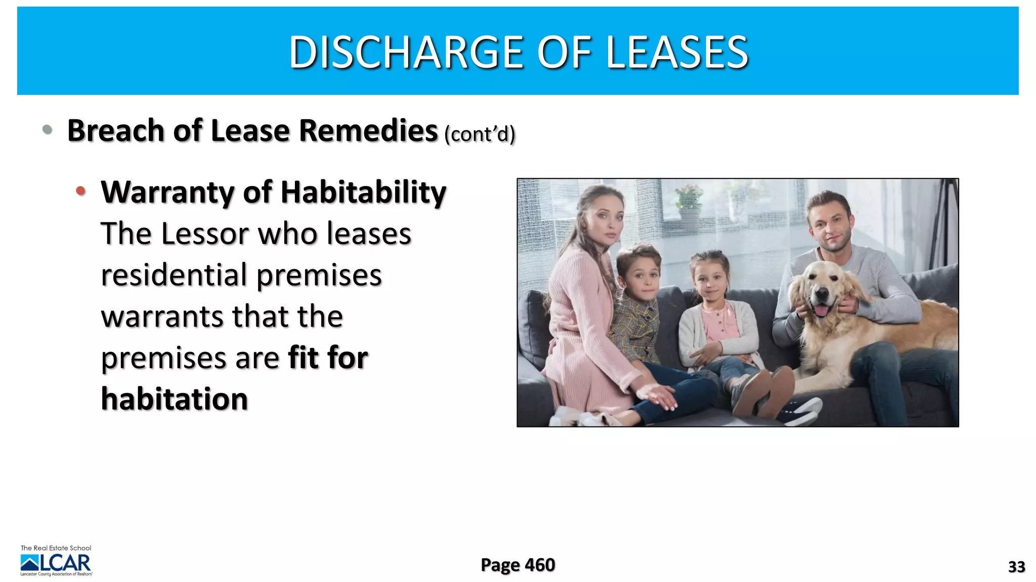 DISCHARGE OF LEASES
• Breach of Lease Remedies (cont’d)
• Warranty of Habitability
The Lessor who leases
residential premises
warrants that the
premises are fit for
habitation
33
Page 460
 