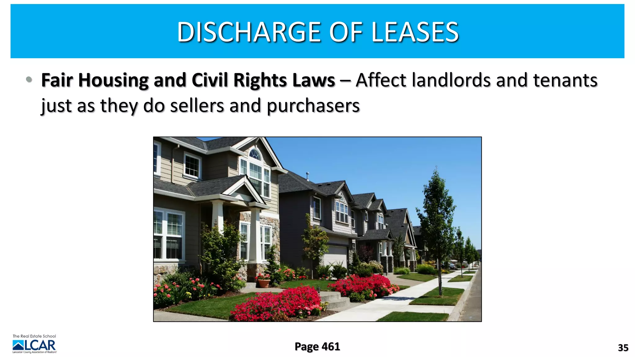 DISCHARGE OF LEASES
• Fair Housing and Civil Rights Laws – Affect landlords and tenants
just as they do sellers and purchasers
35
Page 461
 