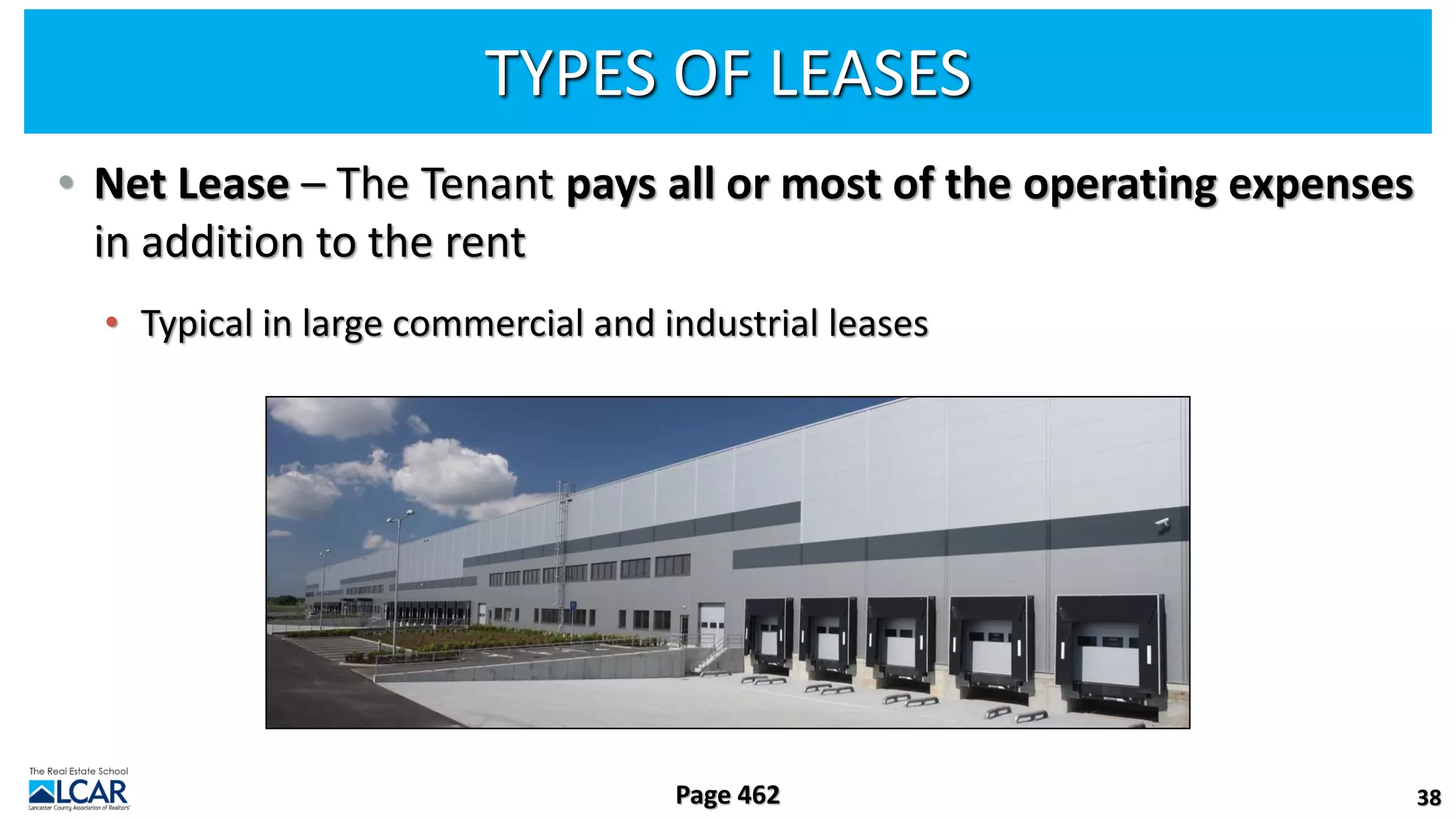 TYPES OF LEASES
• Net Lease – The Tenant pays all or most of the operating expenses
in addition to the rent
• Typical in large commercial and industrial leases
38
Page 462
 