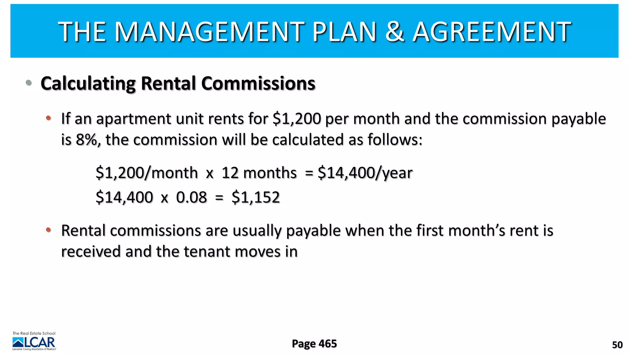 THE MANAGEMENT PLAN & AGREEMENT
• Calculating Rental Commissions
• If an apartment unit rents for $1,200 per month and the commission payable
is 8%, the commission will be calculated as follows:
$1,200/month x 12 months = $14,400/year
$14,400 x 0.08 = $1,152
• Rental commissions are usually payable when the first month’s rent is
received and the tenant moves in
50
Page 465
 