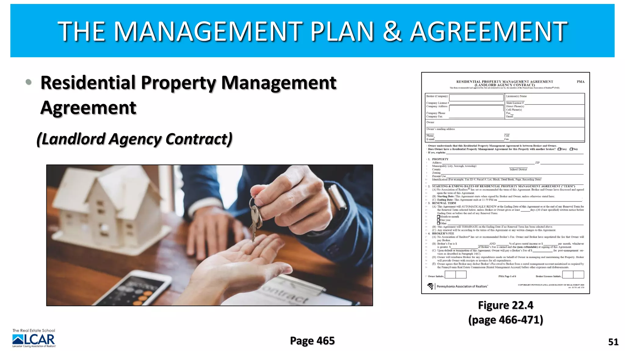 THE MANAGEMENT PLAN & AGREEMENT
• Residential Property Management
Agreement
(Landlord Agency Contract)
51
Page 465
Figure 22.4
(page 466-471)
 