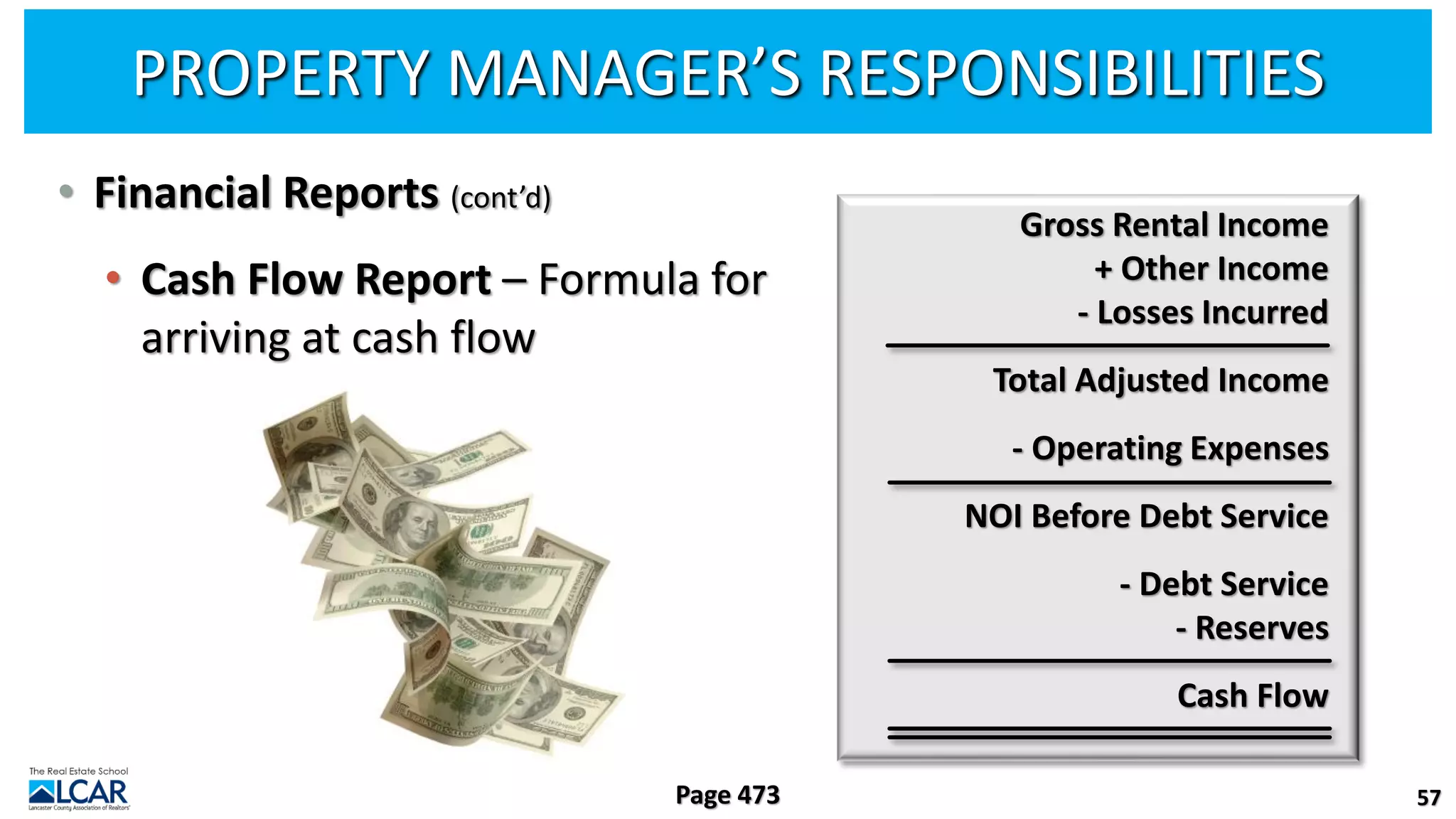 PROPERTY MANAGER’S RESPONSIBILITIES
• Financial Reports (cont’d)
• Cash Flow Report – Formula for
arriving at cash flow
57
Page 473
Gross Rental Income
+ Other Income
- Losses Incurred
Total Adjusted Income
- Operating Expenses
NOI Before Debt Service
- Debt Service
- Reserves
Cash Flow
 