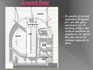  It consist of arrival
sequence designed
for car: the glass
enclosure for its
turning radius, the
vertical mullions to
emphasize its speed,
the placement of
column opposite to
door.
 