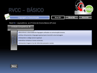 RVCC – BÁSICO
                  Linguagem e Comunicação                                        Nível B1     Nível B2   Nível B3


Nível B1 – equivalência ao 1º Ciclo do Ensino Básico (4º ano)

  Unidade Competência D

                  ■Reconhecer a diversidade de linguagens utilizadas na comunicação humana.
                  ■Utilizar eficazmente a linguagem gestual para transmitir uma mensagem.
   Critérios de
    Evidência




                  ■Interpretar o código sonoro e gestual.
                  ■Identificar símbolos e ícones universais.
                  ■Interpretar imagens à luz de referentes pessoais e sociais.




   Menu
 