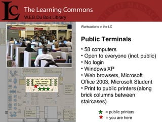 = you are here Workstations in the LC Public Terminals 58 computers Open to everyone (incl. public) No login Windows XP Web browsers, Microsoft Office 2003, Microsoft Student Print to public printers (along brick columns between staircases) = public printers 