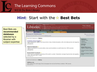 Hint :  Start with the  Best Bets Best Bets are  recommended databases  selected by a librarian with subject expertise 