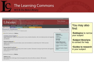 You may also find: Subtopics  to narrow your subject Subject librarians  to contact for help Guides to research  in your subject 