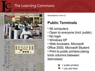 = you are here Workstations in the LC Public Terminals 58 computers Open to everyone (incl. public) No login Windows XP Web browsers, Microsoft Office 2003, Microsoft Student Print to public printers (along brick columns between staircases) = public printers 