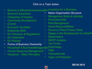 Click on a Topic below:
•
•
•
•
•
•
•
•
•
•
•
•
•
•

•
Barriers to EffectiveCommunication Insurance for a Business
• Matrix Organisation Structure
Business Expansion
• Management Skills & Activities
Categories of Industry
• Promotional Mix
Community Development
• Risk Management
Control
• Social Responsibilities
Economic Variables
• Sources of New Product Ideas
Enterprise Skills
• Stages in the Development of a NewPr
EU Directives & Regulations
• Stakeholders
EU Institutions
• SWOT Analysis
EU Policies
Forms of Business Ownership • Tax Forms
•
Household & BusinessManagementTechnology
Human Resource Management • TQM
• Transnationals
Insurance – Basic Principles
• Types of Production
BSTAI 2012

 