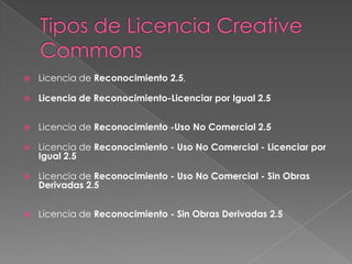  Licencia de Reconocimiento 2.5,
Licencia de Reconocimiento-Licenciar por Igual 2.5
Licencia de Reconocimiento -Uso No Comercial 2.5
Licencia de Reconocimiento - Uso No Comercial - Licenciar por
Igual 2.5
Licencia de Reconocimiento - Uso No Comercial - Sin Obras
Derivadas 2.5
Licencia de Reconocimiento - Sin Obras Derivadas 2.5