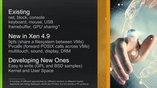 Existing
net, block, console
keyboard, mouse, USB
framebuffer, GPU sharing*
New in Xen 4.9
9pfs (share a filesystem between VMs)
Pvcalls (forward POSIX calls across VMs)
multitouch, sound, display, DRM
Developing New Ones
Easy to write (GPL and BSD samples)
Kernel and User Space
*) A number of different approaches by different vendors in different market
segments are being deployed, which are PV-like, but not strictly a PV protocol
 
