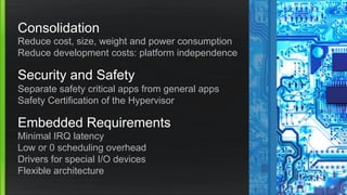 Consolidation
Reduce cost, size, weight and power consumption
Reduce development costs: platform independence
Security and Safety
Separate safety critical apps from general apps
Safety Certification of the Hypervisor
Embedded Requirements
Minimal IRQ latency
Low or 0 scheduling overhead
Drivers for special I/O devices
Flexible architecture
 