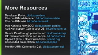 Developer Portal: bit.do/xen-devs
Xen on ARM whitepaper: bit.do/xenarm-white
Xen on ARM wiki: bit.do/xenarm-wiki
Port Xen to a new SOC: bit.do/xenarm-porting
Add Xen support Xen to your OS: bit.do/xenarm-os
Device Passthrough presentation: bit.do/xenarm-pt
OE meta-virtualization Xen recipe: bit.do/xenmeta
OpenXT (Xen + OpenEmbedded): openxt.org
Xenbedded presentation: bit.do/xenbedded
Monthly ARM Community Call: bit.do/xenarm-call
 