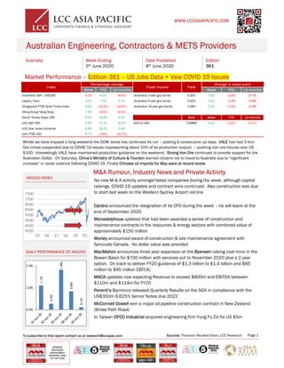 ASX200 INDEX
Australia Week Ending
5th June 2020
Date Published
8th June 2020
Edition
361
Australian Engineering, Contractors & METS Providers
Market Performance – Edition 361 – US Jobs Data + Vale COVID 19 Issues
M&A Rumour, Industry News and Private Activity
DAILY PERFORMANCE OF ASX200
No new M & A activity amongst listed companies during the week, although capital
raisings, COVID 19 updates and contract wins continued. Also construction was due
to start last week on the Western Sydney Airport rail line
Cardno announced the resignation of its CFO during the week – he will leave at the
end of September 2020
Monadelphous updated that had been awarded a series of construction and
maintenance contracts in the resources & energy sectors with combined value of
approximately $150 million
Worley announced award of construction & site maintenance agreement with
Syncrude Canada. No dollar value was provided
MacMahon announces three year expansion at the Byerwen coking coal mine in the
Bowen Basin for $700 million with services out to November 2020 plus a 2 year
option. On track to deliver FY20 guidance of $1.3 billion to $1.4 billion and $85
million to $95 million EBIT(A)
MACA updates now expecting Revenue to exceed $800m and EBITDA between
$110m and $114m for FY20
Perenti’s Barminco released Quarterly Results on the SGX in compliance with the
US$350m 6.625% Senior Notes due 2022
McConnell Dowell won a major oil pipeline construction contract in New Zealand
(Bridal Path Road)
In Taiwan OFCO Industrial acquired engineering firm Yung Fu Co for US $5m
WWW.LCCASIAPACIFIC.COM
WINNER:
BOUTIQUE
INVESTMENT
BANKING FIRM
OF THE YEAR
To subscribe to this report contact us at research@lccapac.com Page 1Sources: Thomson Reuters Eikon, LCC Research
Whilst we have enjoyed a long weekend the DOW Jones has continued its run – posting 6 consecutive up days. VALE has had 3 Iron
Ore mines suspended due to COVID 19 issues (representing about 10% of its production output) – pushing iron ore futures over US
$100. Interestingly VALE have maintained production guidance on the weekend. Strong Iron Ore continued to provide support for the
Australian Dollar. On Saturday, China’s Ministry of Culture & Tourism warned citizens not to travel to Australia due to “significant
increase” in racial violence following COVID 19. Finally Chinese oil imports for May were at record levels
Change in basis point
Week YTD 12-months Week YTD 12-months
(Australia) S&P / ASX200 4.2% 6.2% (6.0%) (Australia) 2-year gov bonds 0.30% 0.02 (1.60) (0.76)
(Japan) Topix 3.1% 7.9% 5.7% (Australia) 5-year gov bonds 0.43% 0.03 (1.49) (0.69)
(Singapore) FTSE Strait Times Index 9.6% (10.3%) (12.5%) (Australia) 10-year gov bonds 1.09% 0.20 (1.23) (0.38)
(Hong Kong) Hang Seng 7.9% (4.2%) (8.1%)
(South Korea) Kospi 200 8.3% 10.9% 8.4% Rate Week YTD 12-months
(US) S&P 500 4.9% 27.4% 12.3% AUD to USD 0.6968 4.5% (1.2%) (0.1%)
(US) Dow Jones Industrial 6.8% 16.2% 5.4%
(UK) FTSE 100 6.7% (3.6%) (10.7%)
Percentage change
Index Fixed income Yield
 