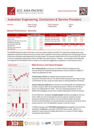 ASX200 INDEX
Australia Week Ending
3 May 2019
Date Published
6 May 2019
Edition
306
Australian Engineering, Contractors & Service Providers
Market Performance - Overview
M&A Rumour and News Snippets
DAILY PERFORMANCE OF ASX200
ALS Limited (ALQ.AX ) announced on 29 April 2019 the divestiture of its
environmental and analytical testing business in China to SUEZ for USD$57.3
million and adjusted net cash.
Threat Protect (TPS.AX ) completed the previously announced
acquisition of Onwatch Pty Ltd. The $35.8 million acquisition was made through
a combination of cash, equity and assumption of existing liabilities of Onwatch.
Kidman Resources (KDR.AX) has received a non-binding offer from Westfarmers
Limited to acquire 100% of the outstanding shares in Kidman for A$1.90 per
share, thus totaling A$776 million. This is an interesting expansion on the
Wesfarmers strategy to pursue Lithium assets following the earlier tilt at Lynas.
China’s State Run newspaper Guangming Daily reported a strategy for China to
close 1,000 non coal mining sites this year to preempt accidents at these
production facilities that are held to not meet sufficient safety standards.
Environmental Remediation & Industrial Services companies servicing the China
market may be in for a considerable increase in work as a result.
In Offshore Energy news TGS-NOPEC Geophysical Co has agreed to terms for the
acquisition of Spectrum, a provider of 2D & 3D seismic data. Spectrum is
reported to have build a formidable data library in a variety of frontier regions
including the South Atlantic
WWW.LCCASIAPACIFIC.COM
Index
Percentage change
Fixed income Yield
Change in basis point
Week YTD 12-months Week YTD 12-months
(Australia) S&P / ASX200 (0.8%) 12.2% 3.9% (Australia) 2-year gov bonds 1.33% (0.00) (0.57) (0.73)
(Japan) Topix 0.0% 8.3% (8.7%) (Australia) 5-year gov bonds 1.39% 0.00 (0.53) (1.06)
(Singapore) FTSE Strait Times Index 1.1% 10.5% (5.1%) (Australia) 10-year gov bonds 1.79% 0.01 (0.53) (1.02)
(Hong Kong) Hang Seng 1.6% 16.4% (0.8%)
(South Korea) Kospi 200 0.8% 8.3% (11.5%) Rate Week YTD 12-months
(US) S&P 500 0.2% 17.5% 12.0% AUD to USD 0.7023 (0.2%) (0.4%) (6.7%)
(US) Dow Jones Industrial (0.1%) 13.6% 10.8%
(UK) FTSE 100 (0.6%) 9.7% (1.6%)
The ASX200 closed the week 0.8% lower to end four weeks of gains at 6,336. The index fell as energy stocks were
negatively impacted by falling oil prices and major bank’s reported mixed results, with Macquarie Group losing 5.4% on
Friday after providing a weak guidance for the year ahead. The Australian Dollar fell 0.23% to end at US70.23, and the
currency is expected to depreciate further if the RBA cuts interest rates on Tuesday – but has fallen further Monday
morning after the US President took to Twitter on the weekend suggesting an escalation in tariff activity vs China
(0.4%)
(0.5%)
0.8%
(0.6%)
(0.0%)
(1.0%)
0.0%
1.0%
4,000
4,500
5,000
5,500
6,000
6,500
7,000
'15 '16 '17 '18 '19
 