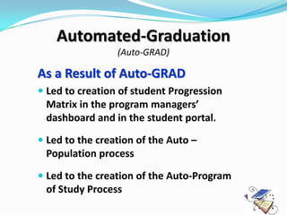 Automated-Graduation
                 (Auto-GRAD)

As a Result of Auto-GRAD
 Led to creation of student Progression
  Matrix in the program managers’
  dashboard and in the student portal.

 Led to the creation of the Auto –
  Population process

 Led to the creation of the Auto-Program
 of Study Process
 
