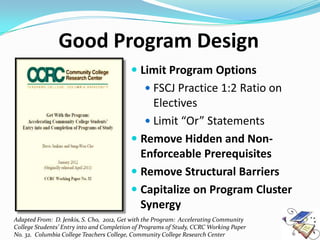 Good Program Design
                                           Limit Program Options
                                                FSCJ Practice 1:2 Ratio on
                                               Electives
                                              Limit “Or” Statements
                                           Remove Hidden and Non-
                                            Enforceable Prerequisites
                                           Remove Structural Barriers
                                           Capitalize on Program Cluster
                                            Synergy
Adapted From: D. Jenkis, S. Cho, 2012, Get with the Program: Accelerating Community
College Students’ Entry into and Completion of Programs of Study, CCRC Working Paper
No. 32. Columbia College Teachers College, Community College Research Center
 