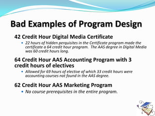 Bad Examples of Program Design
42 Credit Hour Digital Media Certificate
   22 hours of hidden perquisites in the Certificate program made the
    certificate a 64 credit hour program. The AAS degree in Digital Media
    was 60 credit hours long.
             `


64 Credit Hour AAS Accounting Program with 3
credit hours of electives
   Allowed for 69 hours of elective of which 33 credit hours were
    accounting courses not found in the AAS degree.

62 Credit Hour AAS Marketing Program
   No course prerequisites in the entire program.
 