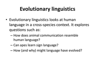 Evolutionary linguistics
• Evolutionary linguistics looks at human
language in a cross-species context. It explores
questions such as:
– How does animal communication resemble
human language?
– Can apes learn sign language?
– How (and why) might language have evolved?
 