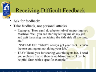 Receiving Difficult Feedback Ask for feedback: Take feedback, not personal attacks Example: “How can I do a better job of supporting you Macheo? Well you can start by letting me do my job and quit harassing me, taking the kids side all the time, etc.”  INSTEAD OF: “What? I always got your back! You’re the one cutting out not doing your job.” TRY:“Thank you for sharing your thoughts but, I need you rephrase that so there is no blame and so I can be helpful. Start with a specific example.” 