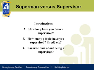 Introductions How long have you been a supervisor? How many people have you supervised? hired? etc? Favorite part about being a supervisor? Superman versus Supervisor 